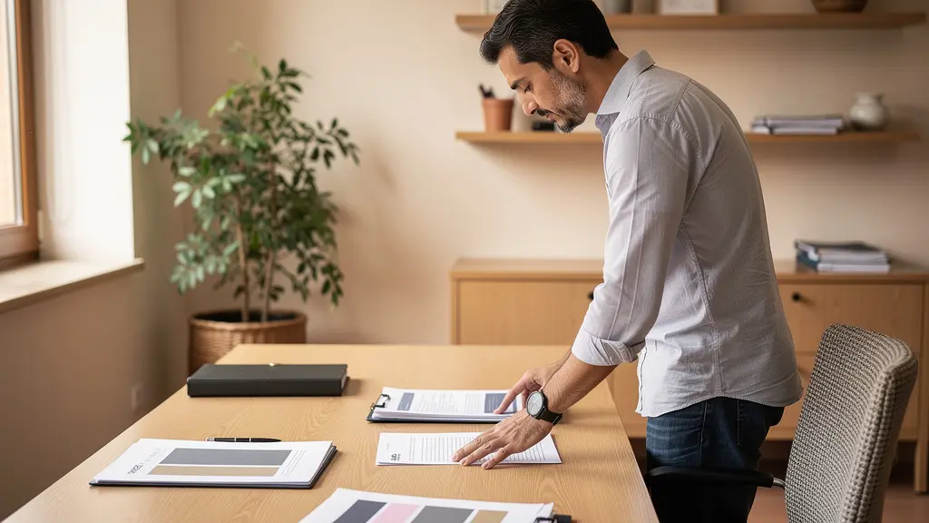 Vista de despacho inmobiliario con documentos sobre mesa y profesional revisando información