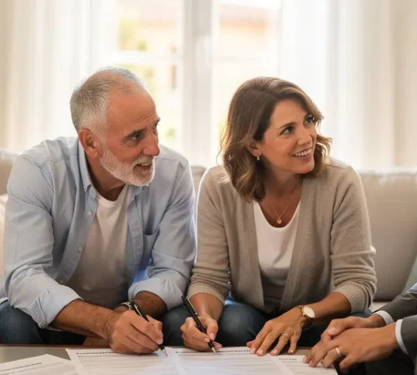 Pareja española conversando con agente inmobiliario sobre comisiones en salón luminoso