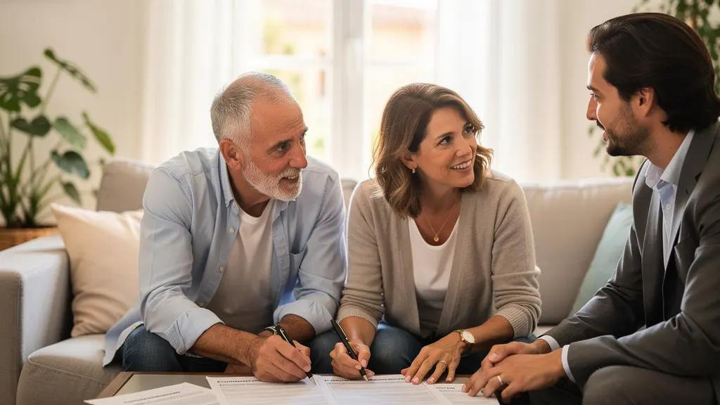 Pareja española conversando con agente inmobiliario sobre comisiones en salón luminoso