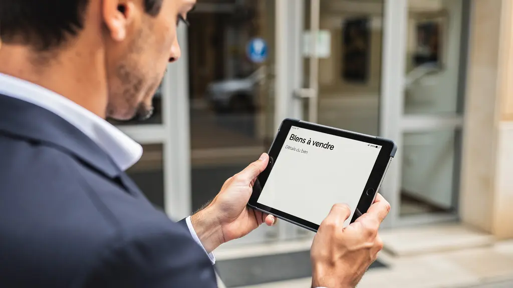 Profesional inmobiliario consultando información de registro en tablet junto a portal residencial