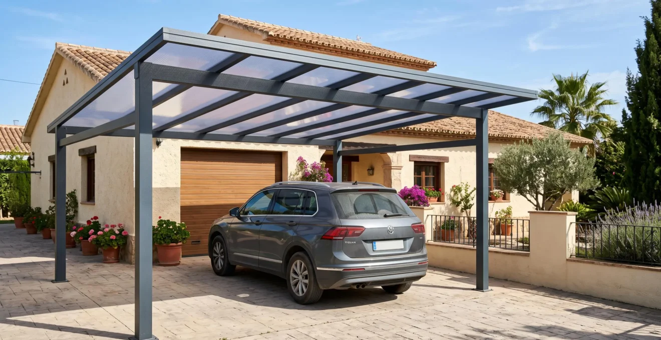 Coche aparcado bajo un carport de aluminio adosado a una vivienda española.