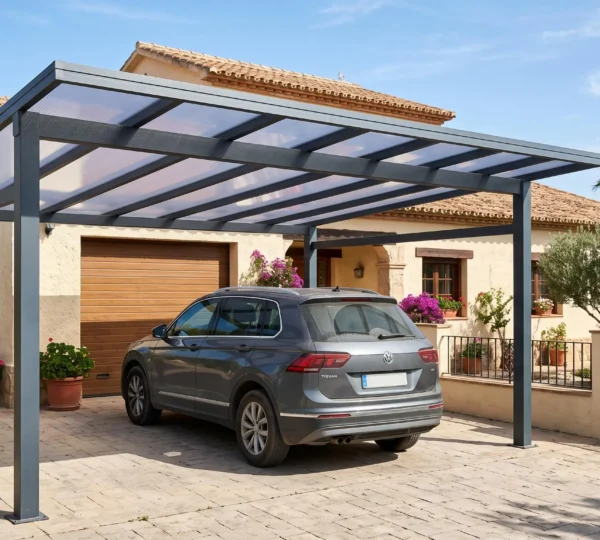 Coche aparcado bajo un carport de aluminio adosado a una vivienda española.