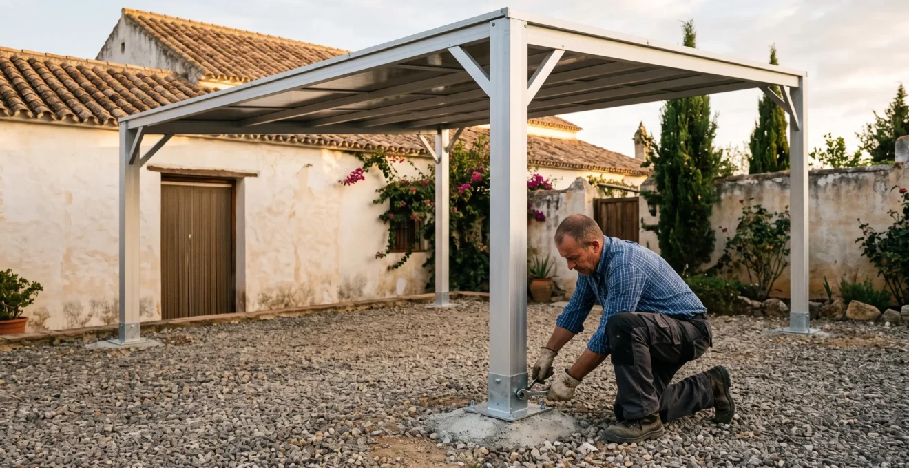 Un hombre comprueba la base de un carport de aluminio autoportante junto a su casa.