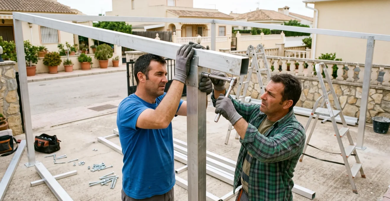 Dos instaladores montando la estructura de un carport de aluminio sobre hormigón.